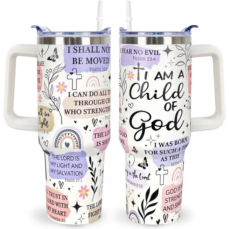 Christian Bible Verse 40oz Tumbler with Handle – Child of God Faith Insulated Travel Cup with Straw