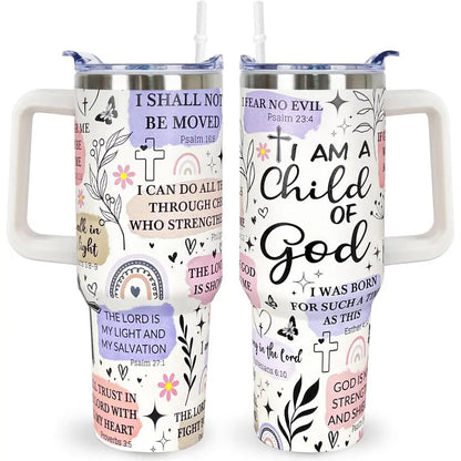 Christian Bible Verse 40oz Tumbler with Handle – Child of God Faith Insulated Travel Cup with Straw