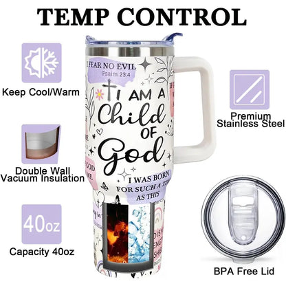 Christian Bible Verse 40oz Tumbler with Handle – Child of God Faith Insulated Travel Cup with Straw