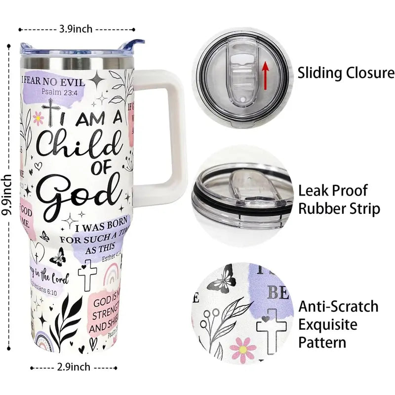 Christian Bible Verse 40oz Tumbler with Handle – Child of God Faith Insulated Travel Cup with Straw
