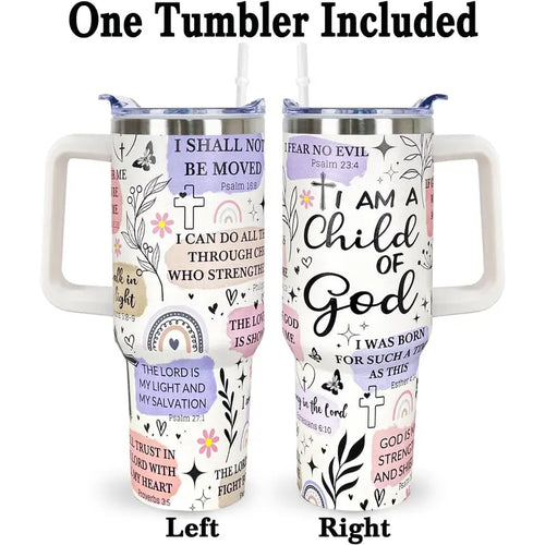 Christian Bible Verse 40oz Tumbler with Handle – Child of God Faith Insulated Travel Cup with Straw
