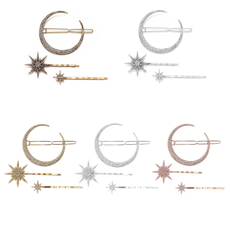 Moon and star hair pin sets in five metal tones, from gold-tone to silver-tone