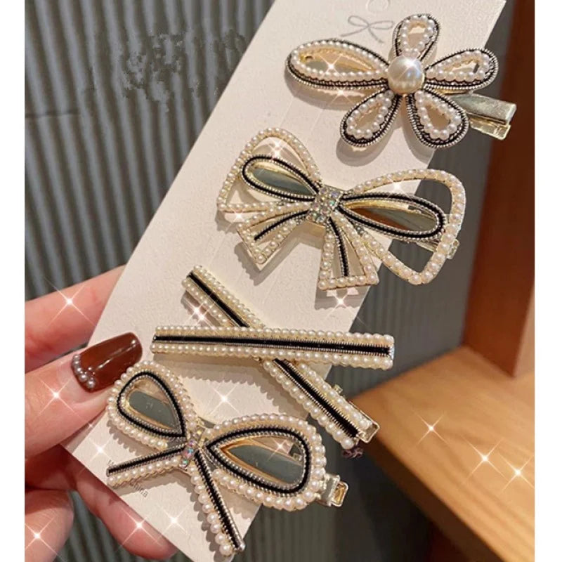 Simulated pearl bow and flower hair pins for buns and braids