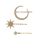 Gold-tone moon and star crystal hair clips, set of 3