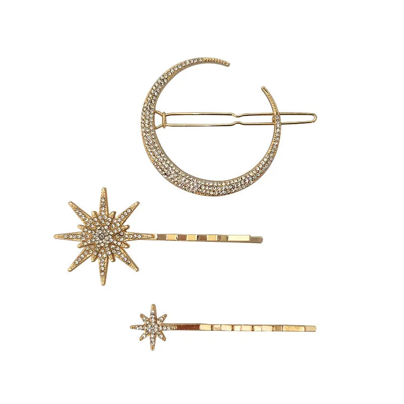 Gold-tone moon and star crystal hair clips, set of 3