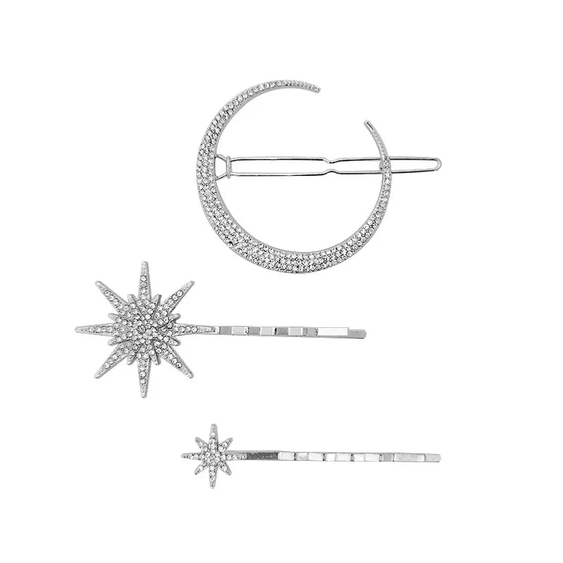 Silver-tone celestial hair pins with rhinestones, set of 3
