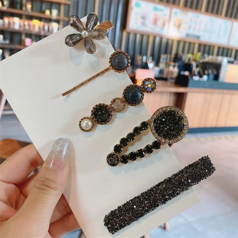 Black rhinestone flower hair pin set