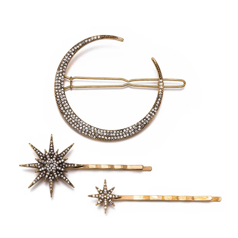 Set of 3 moon and star hair pins in vintage gold-tone with rhinestones