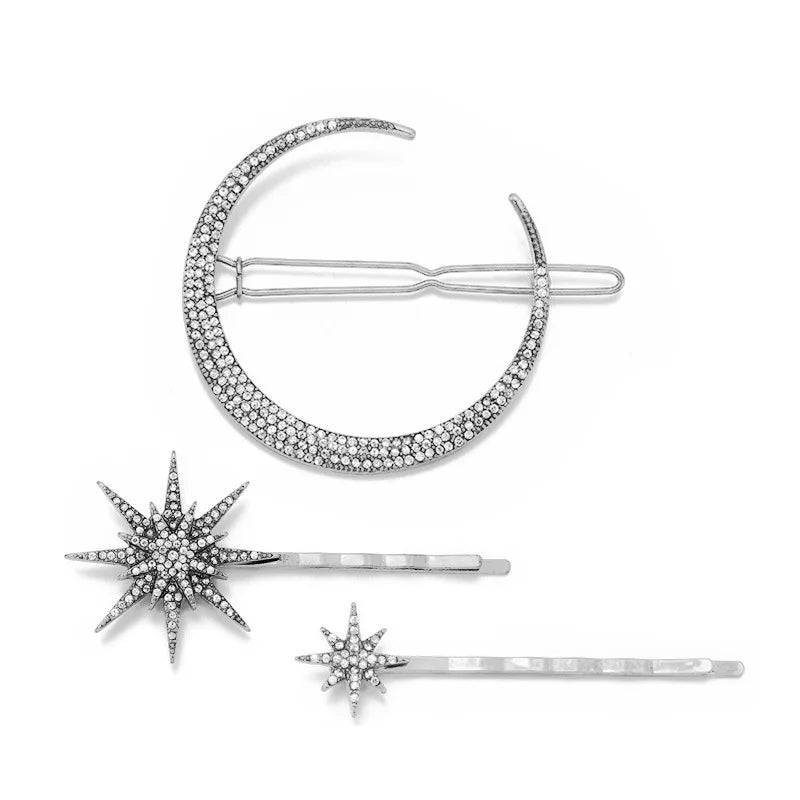 Moon and star rhinestone hair clips, set of 3, in vintage silver-tone